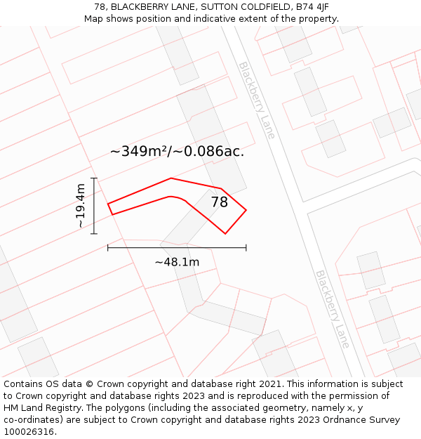 78, BLACKBERRY LANE, SUTTON COLDFIELD, B74 4JF: Plot and title map