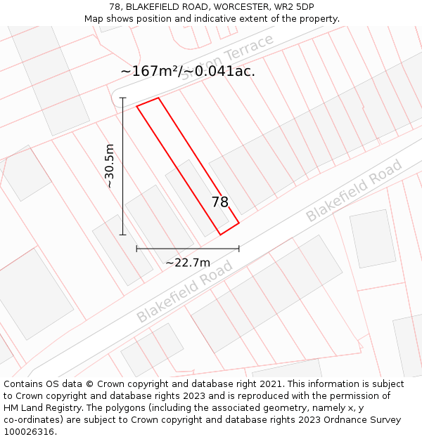 78, BLAKEFIELD ROAD, WORCESTER, WR2 5DP: Plot and title map