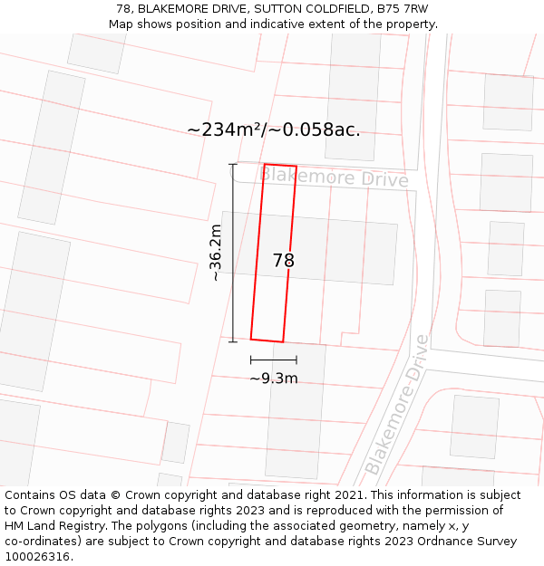 78, BLAKEMORE DRIVE, SUTTON COLDFIELD, B75 7RW: Plot and title map