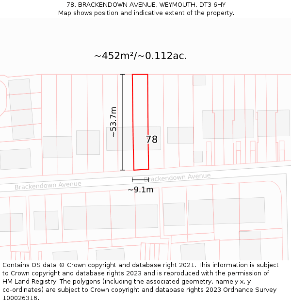 78, BRACKENDOWN AVENUE, WEYMOUTH, DT3 6HY: Plot and title map