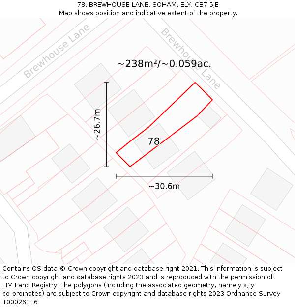 78, BREWHOUSE LANE, SOHAM, ELY, CB7 5JE: Plot and title map