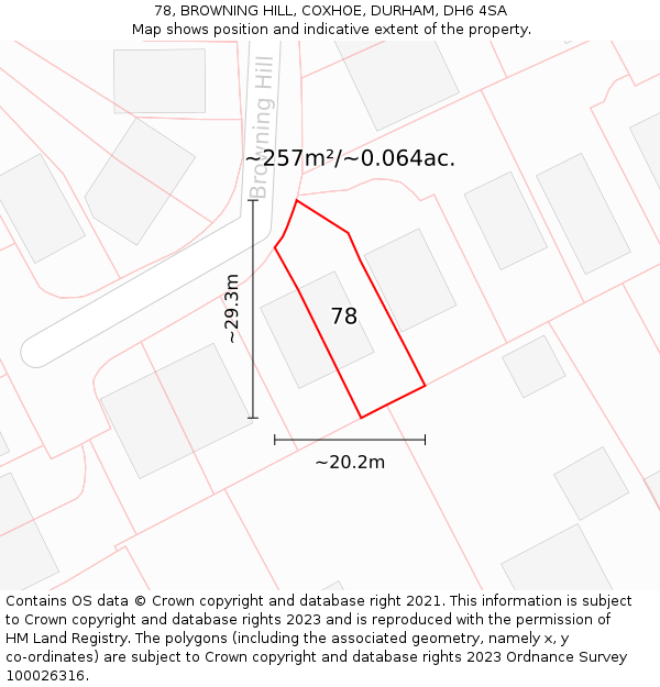 78, BROWNING HILL, COXHOE, DURHAM, DH6 4SA: Plot and title map