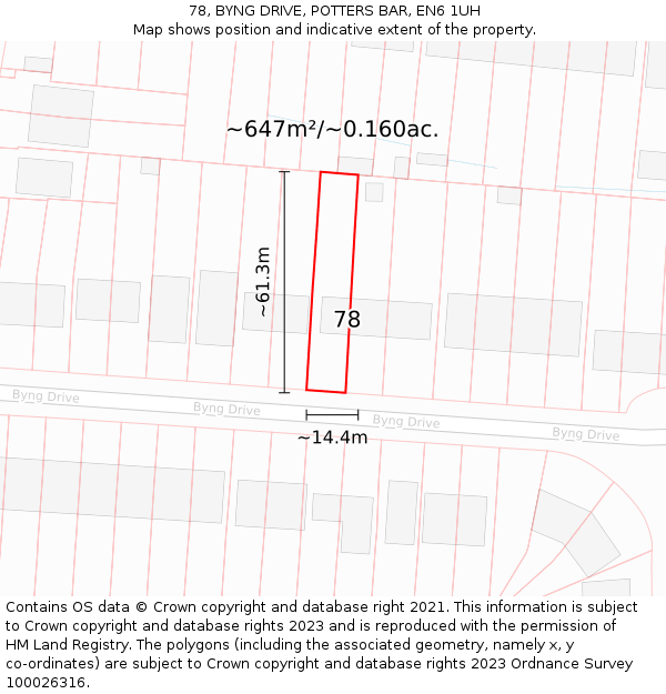 78, BYNG DRIVE, POTTERS BAR, EN6 1UH: Plot and title map