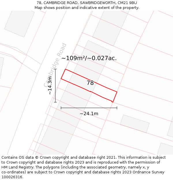 78, CAMBRIDGE ROAD, SAWBRIDGEWORTH, CM21 9BU: Plot and title map