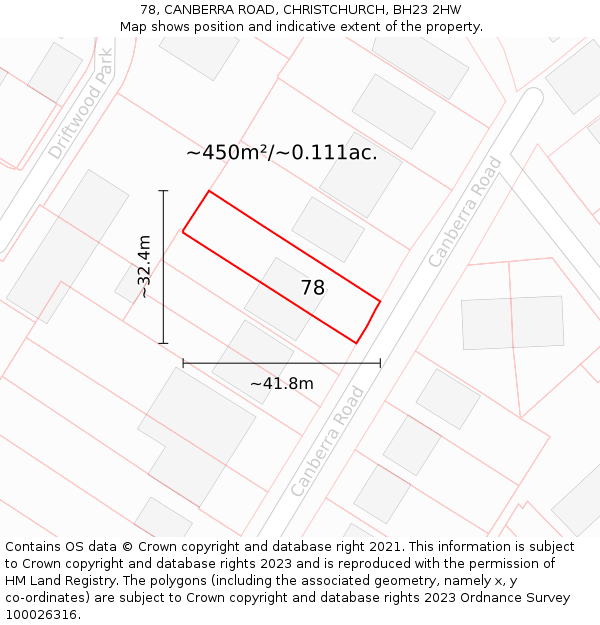 78, CANBERRA ROAD, CHRISTCHURCH, BH23 2HW: Plot and title map