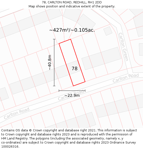 78, CARLTON ROAD, REDHILL, RH1 2DD: Plot and title map