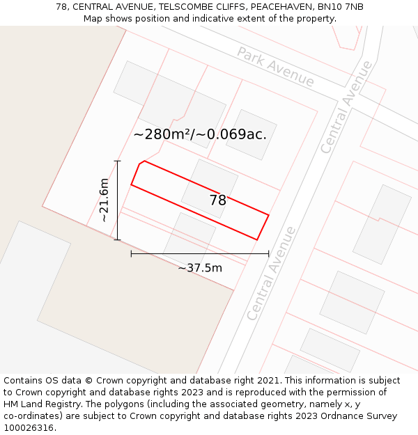 78, CENTRAL AVENUE, TELSCOMBE CLIFFS, PEACEHAVEN, BN10 7NB: Plot and title map