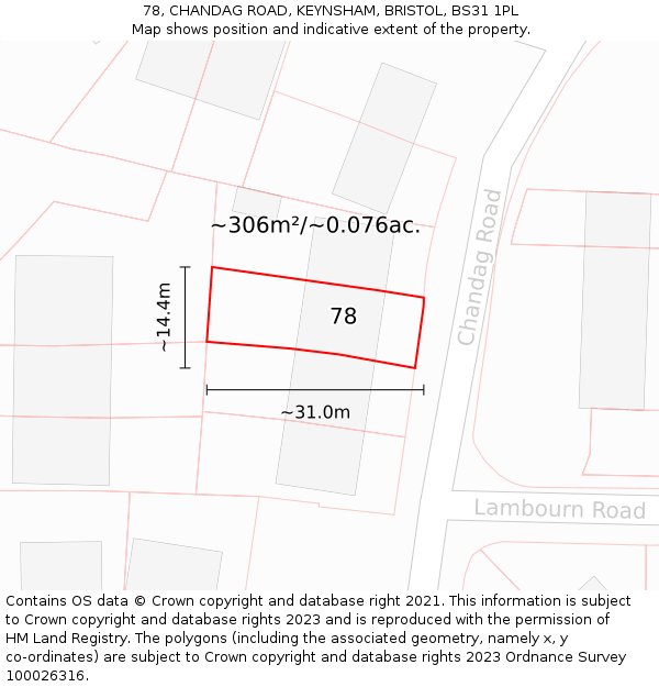 78, CHANDAG ROAD, KEYNSHAM, BRISTOL, BS31 1PL: Plot and title map