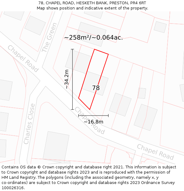 78, CHAPEL ROAD, HESKETH BANK, PRESTON, PR4 6RT: Plot and title map