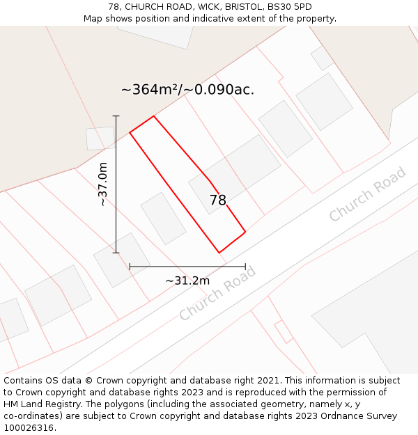 78, CHURCH ROAD, WICK, BRISTOL, BS30 5PD: Plot and title map