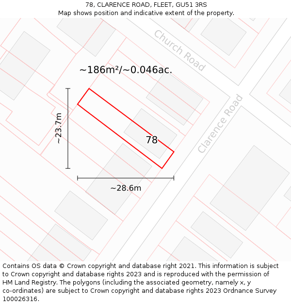 78, CLARENCE ROAD, FLEET, GU51 3RS: Plot and title map