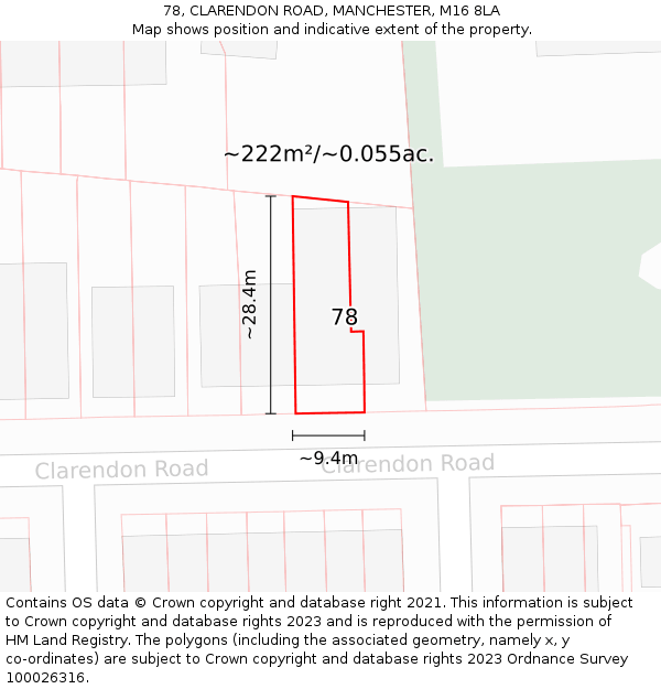 78, CLARENDON ROAD, MANCHESTER, M16 8LA: Plot and title map