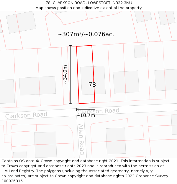 78, CLARKSON ROAD, LOWESTOFT, NR32 3NU: Plot and title map