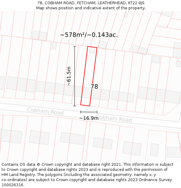 78, COBHAM ROAD, FETCHAM, LEATHERHEAD, KT22 9JS: Plot and title map