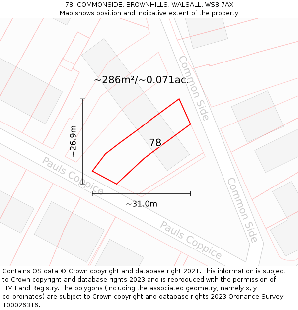 78, COMMONSIDE, BROWNHILLS, WALSALL, WS8 7AX: Plot and title map