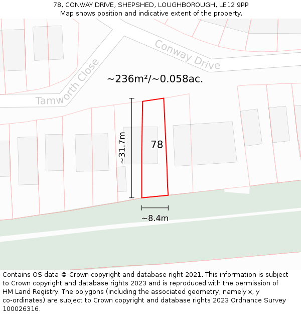 78, CONWAY DRIVE, SHEPSHED, LOUGHBOROUGH, LE12 9PP: Plot and title map