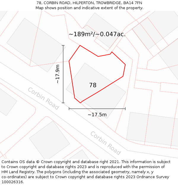 78, CORBIN ROAD, HILPERTON, TROWBRIDGE, BA14 7FN: Plot and title map