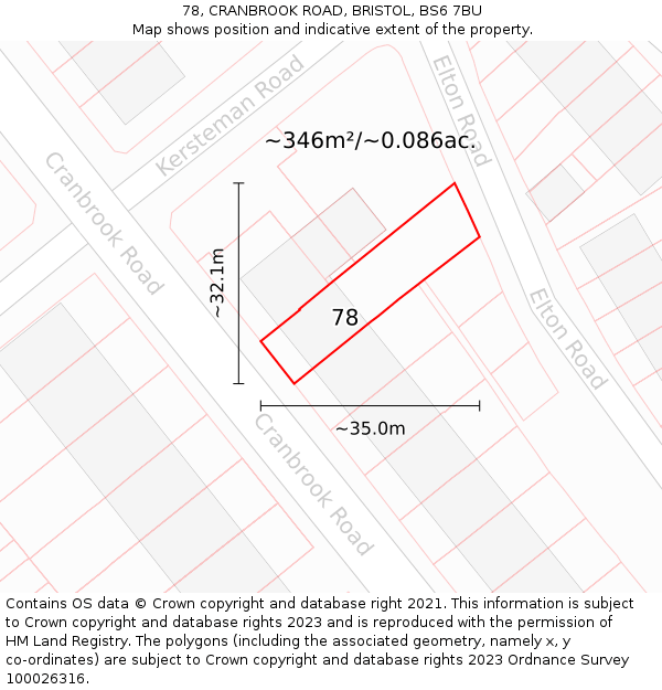 78, CRANBROOK ROAD, BRISTOL, BS6 7BU: Plot and title map