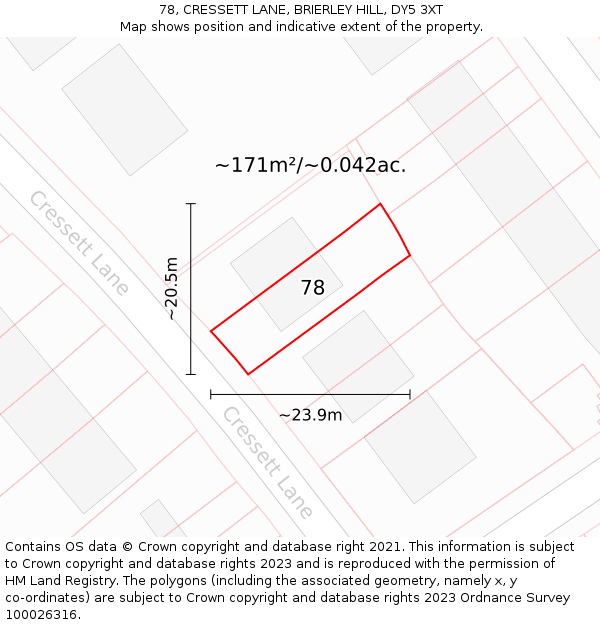 78, CRESSETT LANE, BRIERLEY HILL, DY5 3XT: Plot and title map