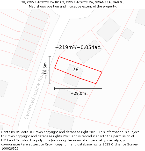 78, CWMRHYDYCEIRW ROAD, CWMRHYDYCEIRW, SWANSEA, SA6 6LJ: Plot and title map