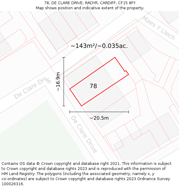 78, DE CLARE DRIVE, RADYR, CARDIFF, CF15 8FY: Plot and title map