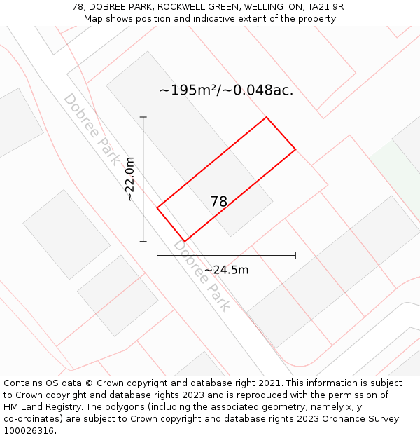 78, DOBREE PARK, ROCKWELL GREEN, WELLINGTON, TA21 9RT: Plot and title map