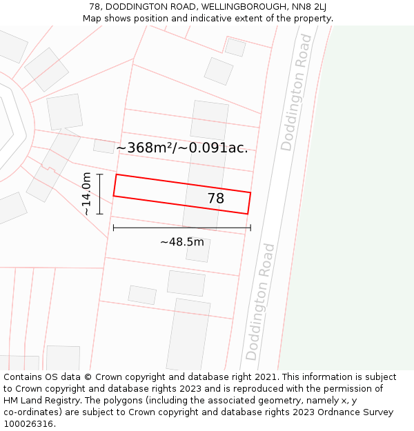 78, DODDINGTON ROAD, WELLINGBOROUGH, NN8 2LJ: Plot and title map