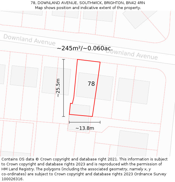 78, DOWNLAND AVENUE, SOUTHWICK, BRIGHTON, BN42 4RN: Plot and title map