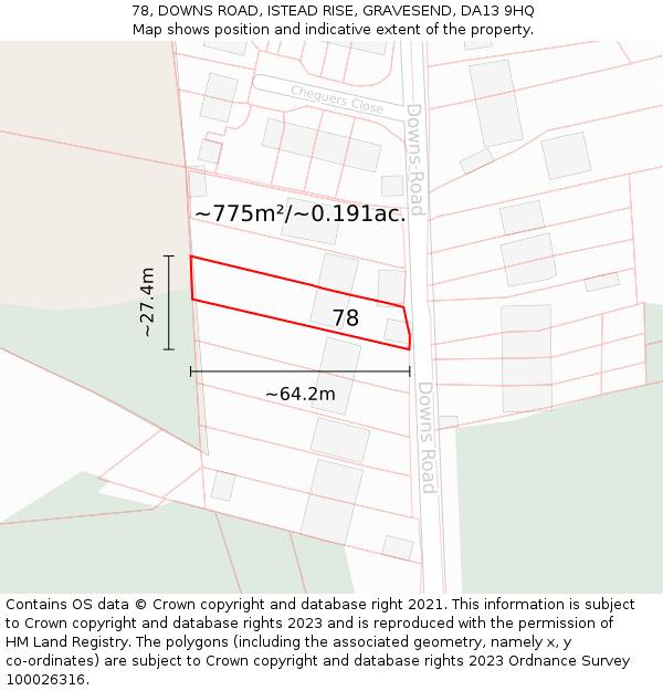 78, DOWNS ROAD, ISTEAD RISE, GRAVESEND, DA13 9HQ: Plot and title map