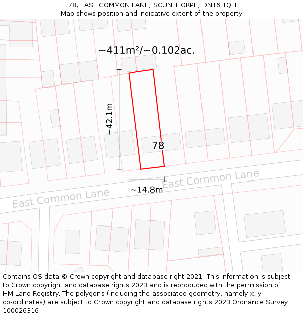 78, EAST COMMON LANE, SCUNTHORPE, DN16 1QH: Plot and title map