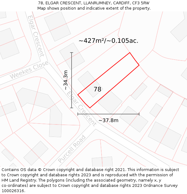 78, ELGAR CRESCENT, LLANRUMNEY, CARDIFF, CF3 5RW: Plot and title map