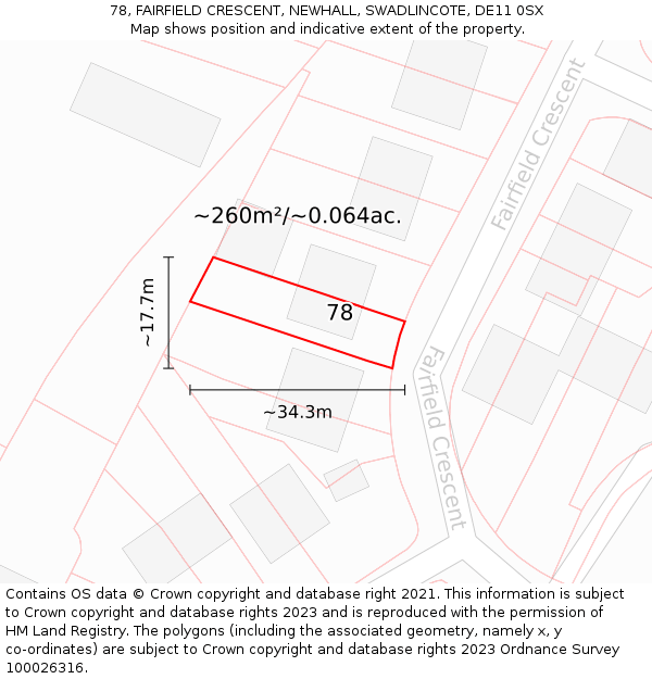 78, FAIRFIELD CRESCENT, NEWHALL, SWADLINCOTE, DE11 0SX: Plot and title map