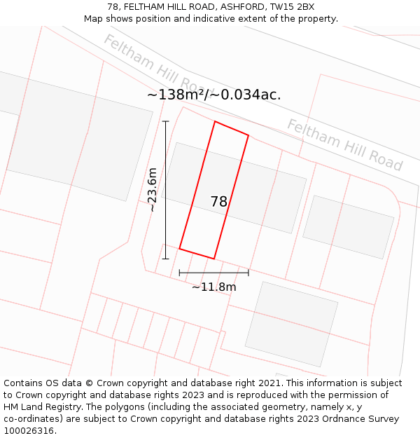 78, FELTHAM HILL ROAD, ASHFORD, TW15 2BX: Plot and title map