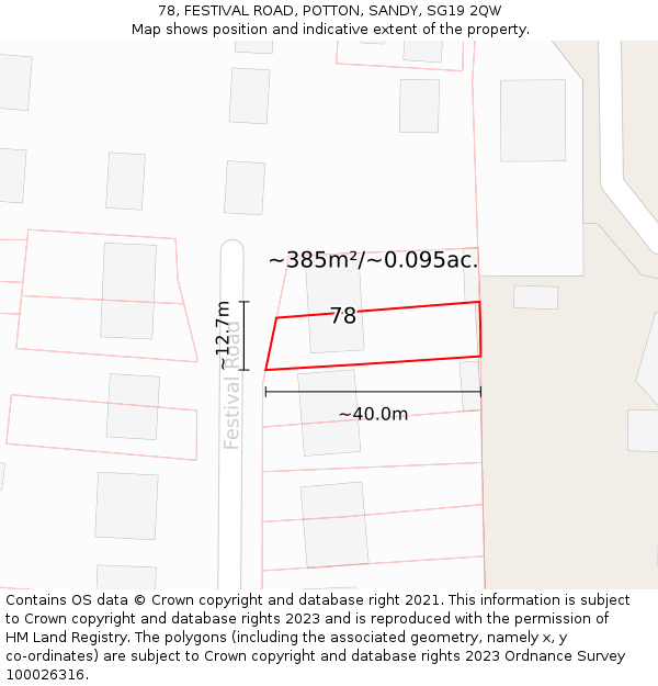 78, FESTIVAL ROAD, POTTON, SANDY, SG19 2QW: Plot and title map