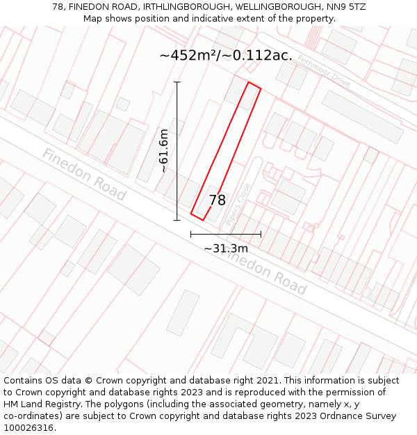 78, FINEDON ROAD, IRTHLINGBOROUGH, WELLINGBOROUGH, NN9 5TZ: Plot and title map