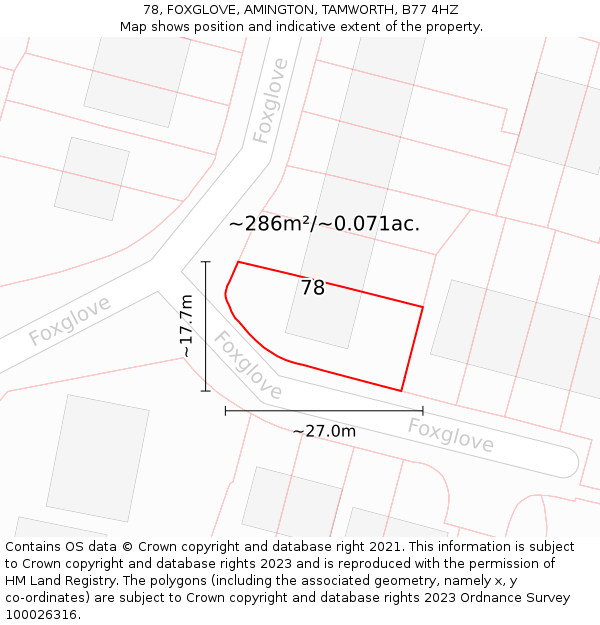 78, FOXGLOVE, AMINGTON, TAMWORTH, B77 4HZ: Plot and title map