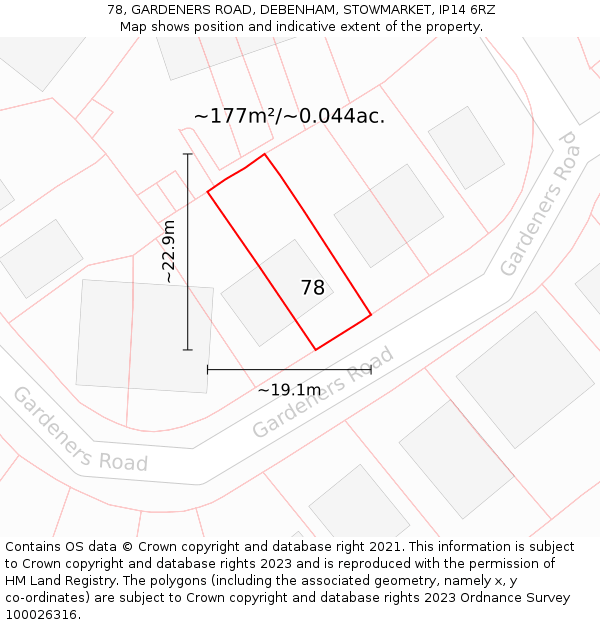 78, GARDENERS ROAD, DEBENHAM, STOWMARKET, IP14 6RZ: Plot and title map