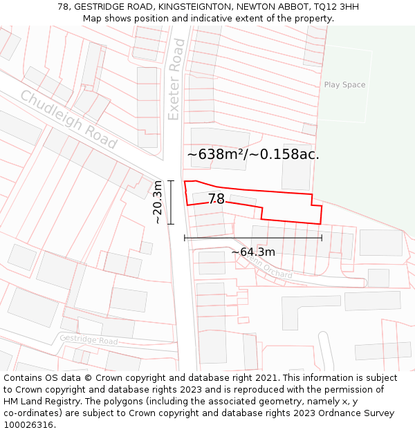 78, GESTRIDGE ROAD, KINGSTEIGNTON, NEWTON ABBOT, TQ12 3HH: Plot and title map