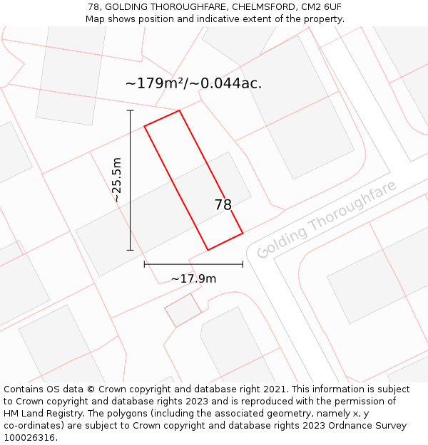 78, GOLDING THOROUGHFARE, CHELMSFORD, CM2 6UF: Plot and title map