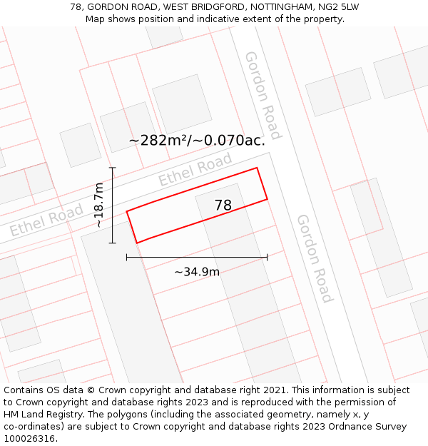 78, GORDON ROAD, WEST BRIDGFORD, NOTTINGHAM, NG2 5LW: Plot and title map