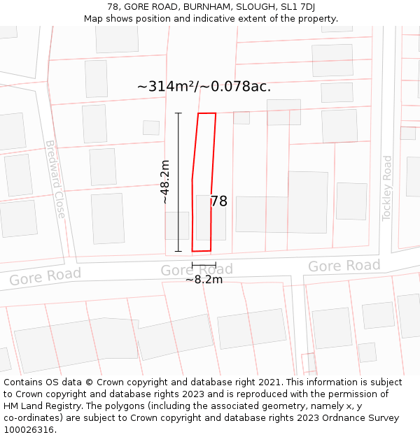 78, GORE ROAD, BURNHAM, SLOUGH, SL1 7DJ: Plot and title map