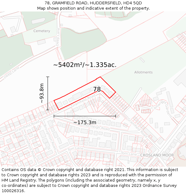 78, GRAMFIELD ROAD, HUDDERSFIELD, HD4 5QD: Plot and title map