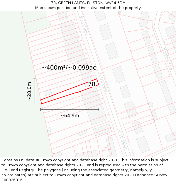 78, GREEN LANES, BILSTON, WV14 6DA: Plot and title map