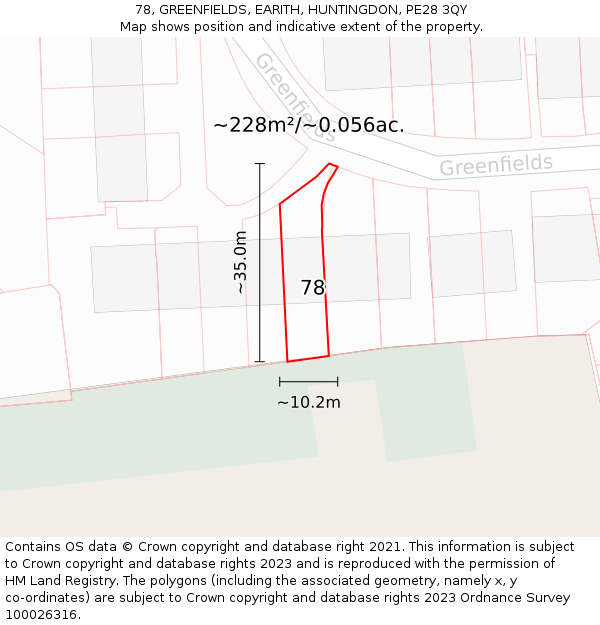 78, GREENFIELDS, EARITH, HUNTINGDON, PE28 3QY: Plot and title map