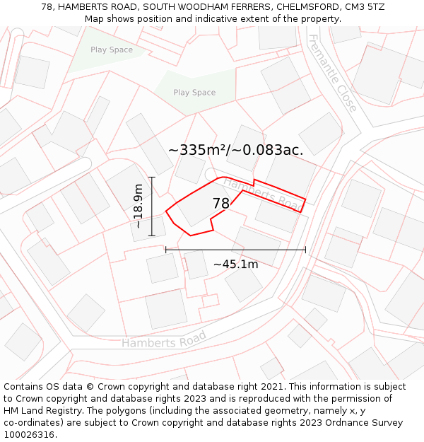 78, HAMBERTS ROAD, SOUTH WOODHAM FERRERS, CHELMSFORD, CM3 5TZ: Plot and title map