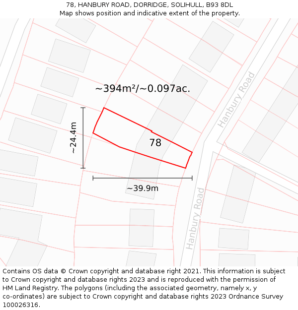 78, HANBURY ROAD, DORRIDGE, SOLIHULL, B93 8DL: Plot and title map