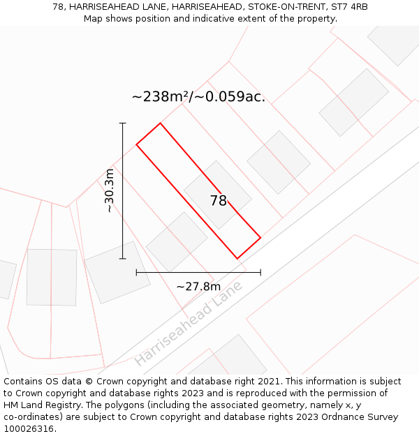 78, HARRISEAHEAD LANE, HARRISEAHEAD, STOKE-ON-TRENT, ST7 4RB: Plot and title map