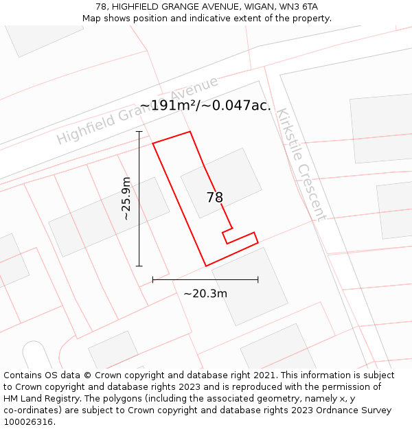 78, HIGHFIELD GRANGE AVENUE, WIGAN, WN3 6TA: Plot and title map