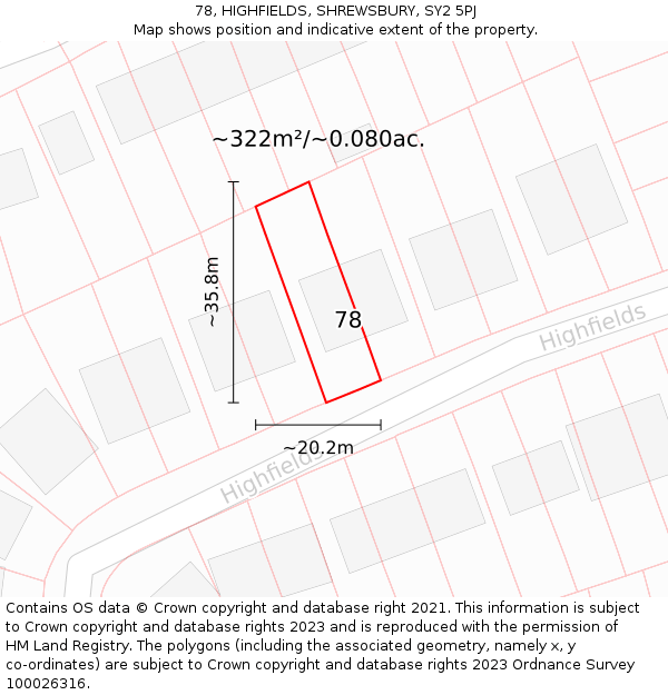 78, HIGHFIELDS, SHREWSBURY, SY2 5PJ: Plot and title map