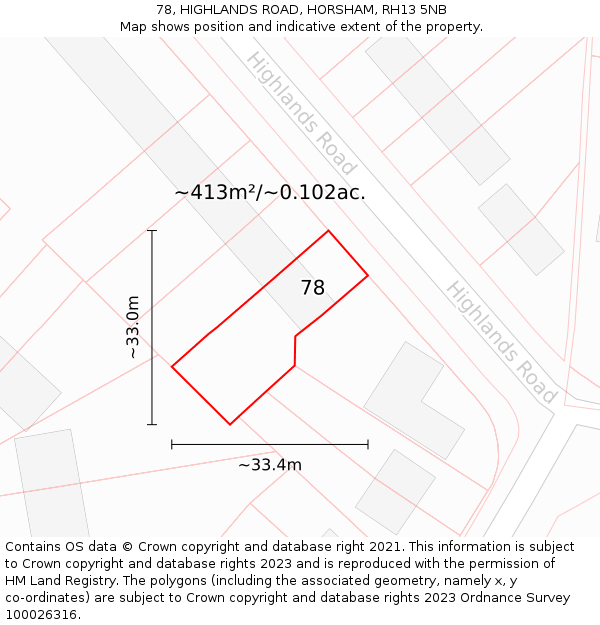 78, HIGHLANDS ROAD, HORSHAM, RH13 5NB: Plot and title map